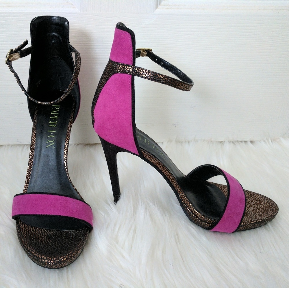 Hot Pink and Bronze Strappy Sandal Heels